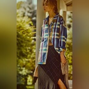 Free People We The Free So Long Summer Plaid Flannel Top Blue Brown